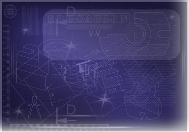 Mavi bir arka plan üzerinde makine yapım çizimleri