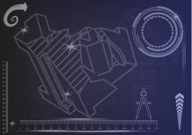 Mavi bir arka plan üzerinde makine yapım çizimleri