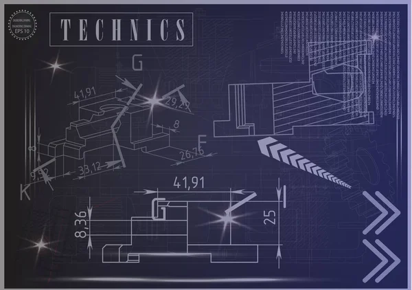 Mavi bir arka plan üzerinde makine yapım çizimleri