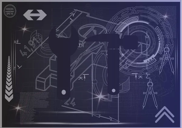 Mavi bir arka plan üzerinde makine yapım çizimleri