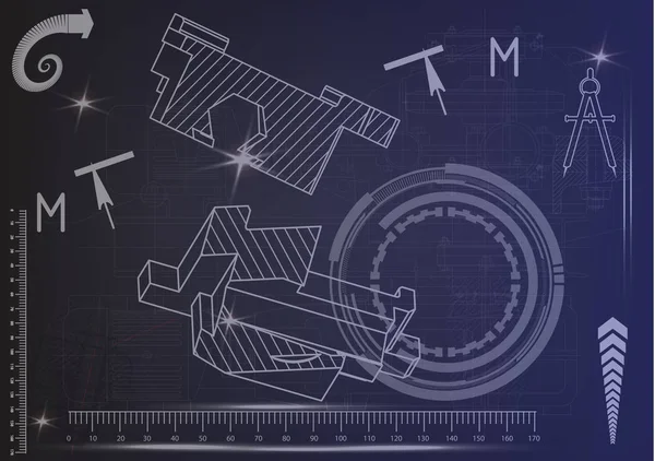 Mavi bir arka plan üzerinde makine yapım çizimleri