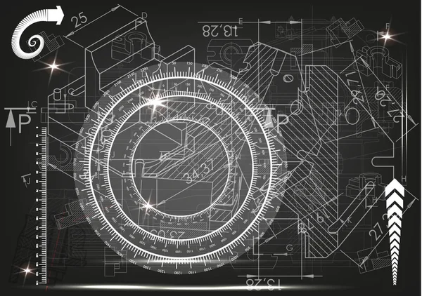 Dessins de construction mécanique sur fond noir — Image vectorielle