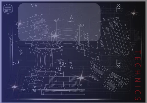 Mavi bir arka plan üzerinde makine yapım çizimleri