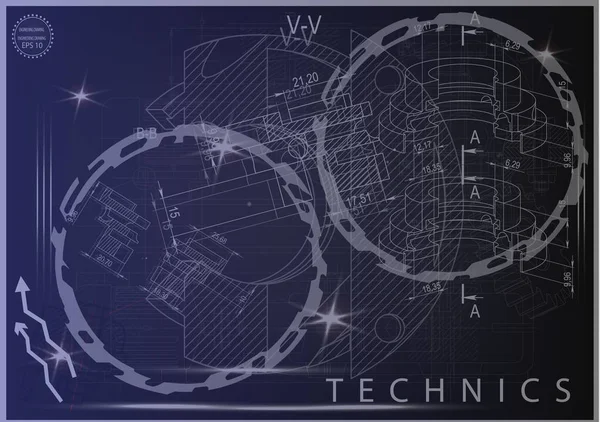 Mavi bir arka plan üzerinde makine yapım çizimleri