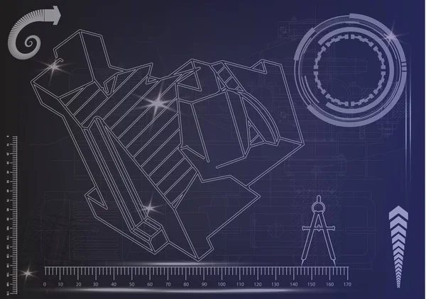 Mavi bir arka plan üzerinde makine yapım çizimleri