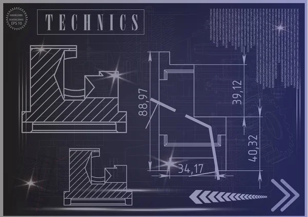 Mavi bir arka plan üzerinde makine yapım çizimleri