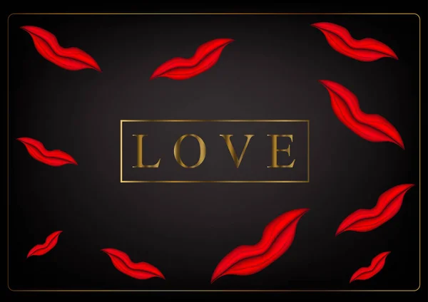 La inscripción "amor" y un montón de labios rojos — Vector de stock