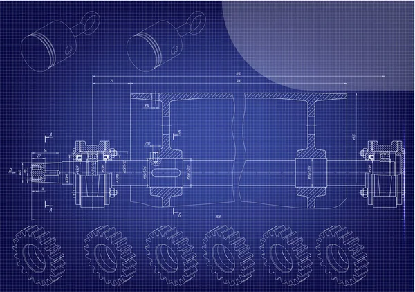 Mavi bir arka plan üzerinde makine yapım çizimleri