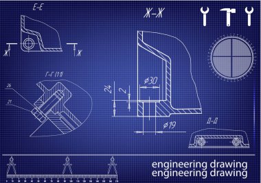 Mavi bir arka plan üzerinde makine yapım çizimleri