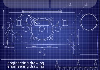 Mavi bir arka plan üzerinde makine yapım çizimleri