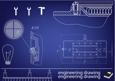 Mavi bir arka plan üzerinde makine yapım çizimleri