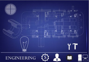 Mavi bir arka plan üzerinde makine yapım çizimleri