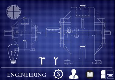 Mavi bir arka plan üzerinde makine yapım çizimleri