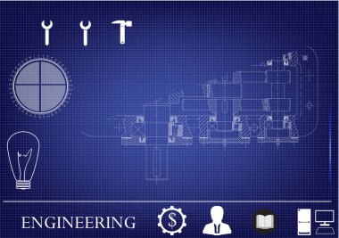 Mavi bir arka plan üzerinde makine yapım çizimleri