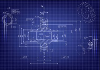 Mavi bir arka plan üzerinde makine yapım çizimleri