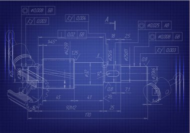 Mavi bir arka plan üzerinde makine yapım çizimleri