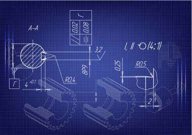 Mavi bir arka plan üzerinde makine yapım çizimleri