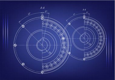 Mavi bir arka plan üzerinde makine yapım çizimleri