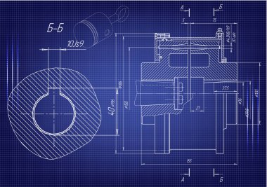 Mavi bir arka plan üzerinde makine yapım çizimleri