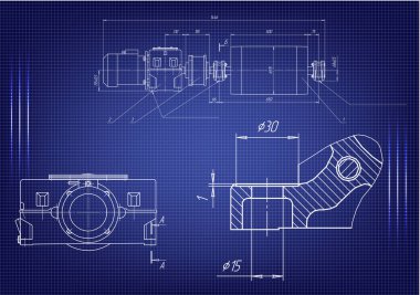 Mavi bir arka plan üzerinde makine yapım çizimleri