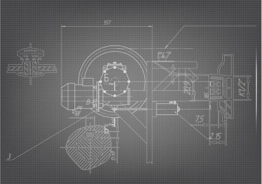 Gri bir arka plan üzerinde makine yapım çizimleri