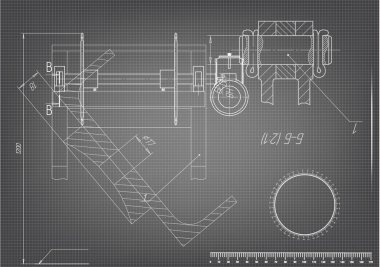 Gri bir arka plan üzerinde makine yapım çizimleri