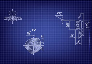 Mavi bir arka plan üzerinde makine yapım çizimleri