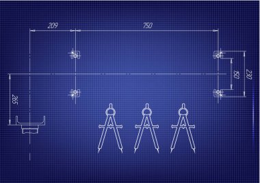 Mavi bir arka plan üzerinde makine yapım çizimleri