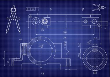 Mavi bir arka plan üzerinde makine yapım çizimleri