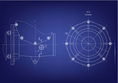Mavi bir arka plan üzerinde makine yapım çizimleri