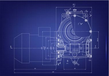 Mavi bir arka plan üzerinde makine yapım çizimleri