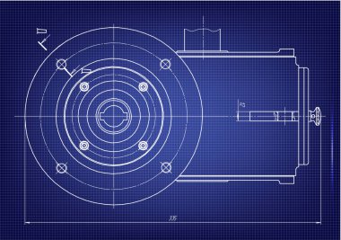 Mavi bir arka plan üzerinde makine yapım çizimleri