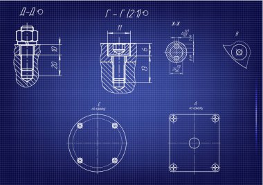Mavi bir arka plan üzerinde makine yapım çizimleri