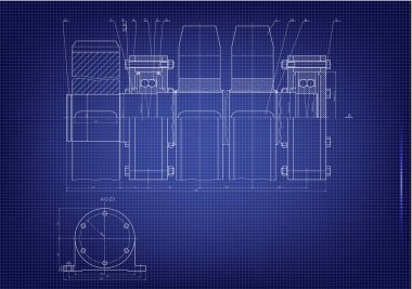 Mavi bir arka plan üzerinde makine yapım çizimleri