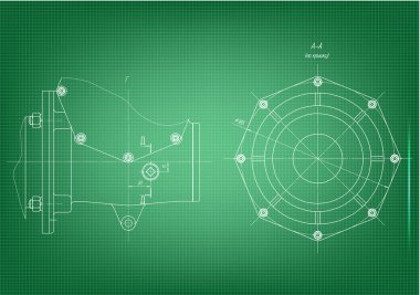 Yeşil bir arka plan üzerinde makine yapım çizimleri