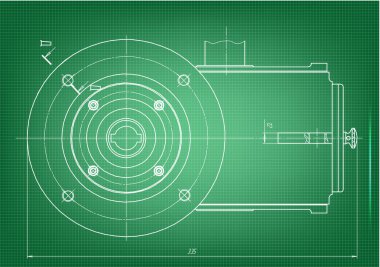 Yeşil bir arka plan üzerinde makine yapım çizimleri