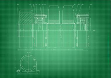 Yeşil bir arka plan üzerinde makine yapım çizimleri