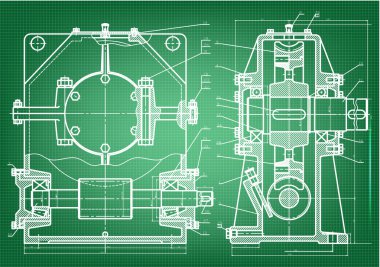 Yeşil bir arka plan üzerinde makine yapım çizimleri
