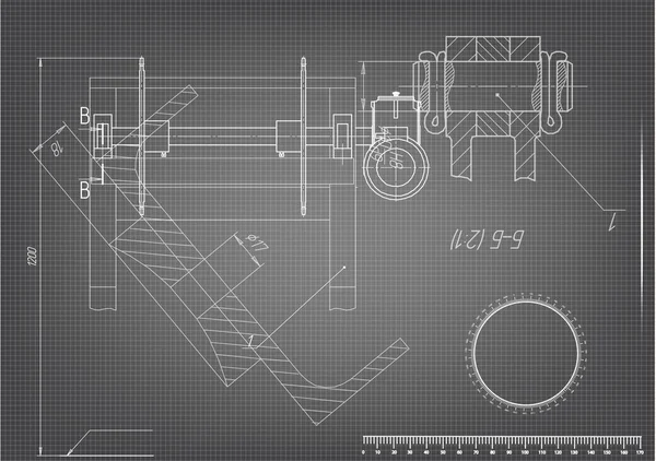 Dibujos de construcción de máquinas sobre un fondo gris — Archivo Imágenes Vectoriales