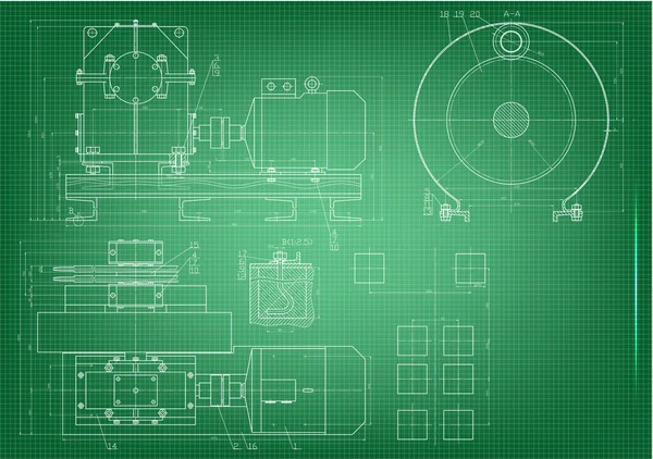 Dibujos de construcción de máquinas sobre un fondo verde — Archivo Imágenes Vectoriales