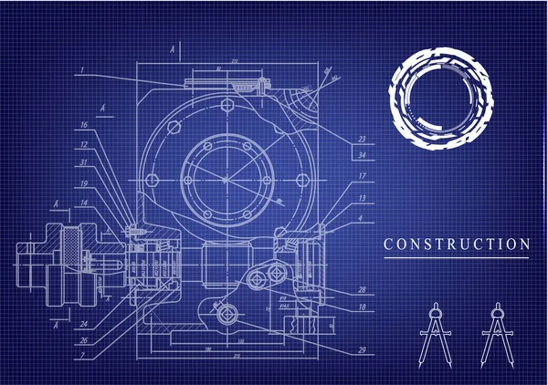 Dibujos de construcción de máquinas sobre un fondo azul — Vector de stock