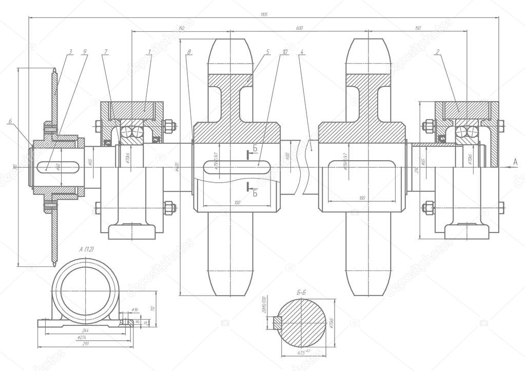 Machine-building drawings on a white background