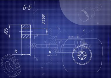 Mavi bir arka plan üzerinde makine yapım çizimleri
