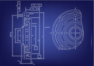Mavi bir arka plan üzerinde makine yapım çizimleri
