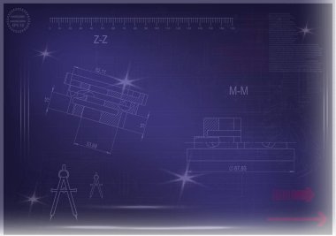 Mavi bir arka plan üzerinde makine yapım çizimleri