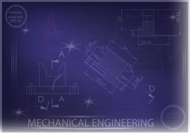 Mavi bir arka plan üzerinde makine yapım çizimleri