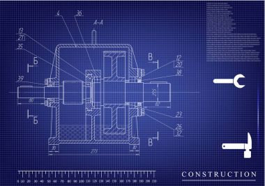 Mavi bir arka plan üzerinde makine yapım çizimleri