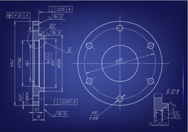 Mavi bir arka plan üzerinde makine yapım çizimleri