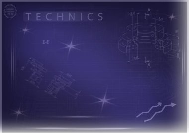 Mavi bir arka plan üzerinde makine yapım çizimleri