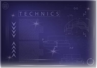 Mavi bir arka plan üzerinde makine yapım çizimleri